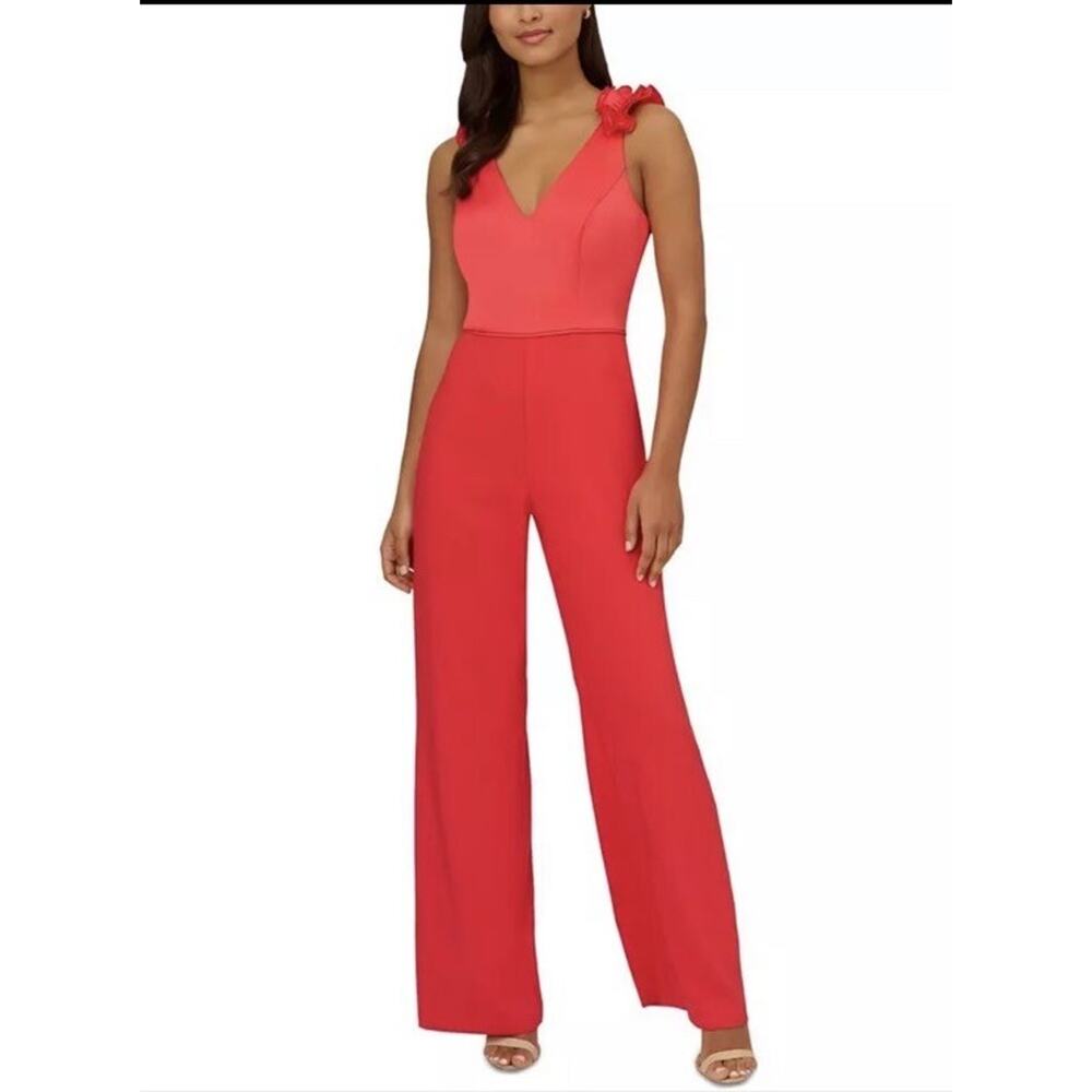 NWT $179 Adrianna Papell Calypso Coral Satin Sleeveless VNeck‎ Jumpsuit 14 PARTY